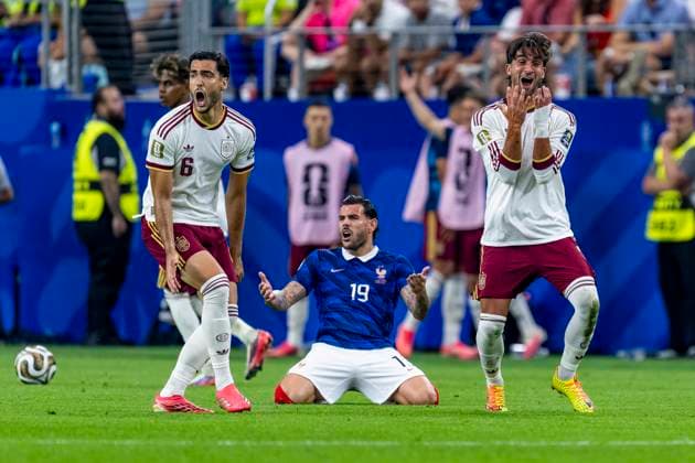 DALLAS - frustration for Rodri or Spain, Theo Hernandez or France and Ferran Torres or Spain during the 2026 World Cup match between France and Spain at Dallas Stadium on July 14, 2026, in Dallas, United States. (Photo by Stefan Koops EYE4IMAGES DeFodi Images) -