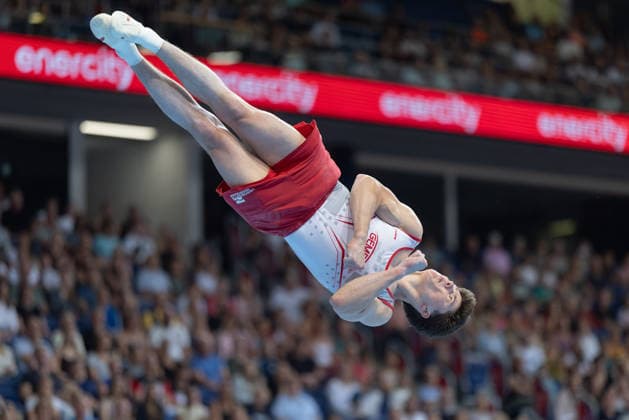 Deutsche Meisterschaften im Gerätturnen 2026, Gerätfinals Radomyr Stelmark (SC Cottbus) bei seiner Übung im Gerätfinale Boden. Deutsche Meisterschaften im Gerätturnen, Gerätfinals, am 25. Juli 2026 in der ZAG-Arena in Hannover., Hannover Niedersachsen Deutschland ZAG Arena