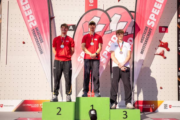 25.07.2026: Klettern - Speedklettern: Die Finals 2026 - Deutsche Meisterschaft Speed - Herren Links Andrin Zedler (Düsseldorf), Mitte Sebastian Lucke (Düsseldorf), Rechts Moritz Müller (Stuttgart) Hannover Opernplatz Niedersachsen Deutschland