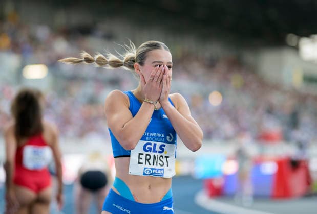 Jubel Siegerin ERNST Jolina. Finale 100m der Frauen, am 25.07.2026 Leichtathletik Deutschen Meisterschaften vom 25.07.- 26.07.2026 in Bochum-Wattenscheid Deutschland. Lohrheidestadion
