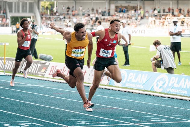 Minoue Gregory (Tracksrunner Bonn, 110m Huerden Maenner, 838), Mordi Manuel (Hamburger SV, 110m Huerden Maenner, 555), GER, Leichtathletik, Athletics, Deutsche Meisterschaften, Die Finals, Wattenscheid, 25.07.2026, GER, Leichtathletik, Athletics, Deutsche Meisterschaften, Die Finals, Wattenscheid, 25.07.2026 Wattenscheid Copyright: xStefanxMayerx EP_SMR