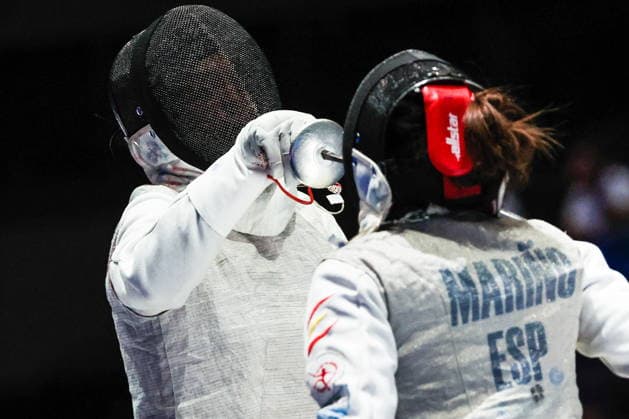 CHINA, HONG KONG - JULY 30, 2026: Athlete Anna Solovyova of Russia fights in her team foil bout against Maria Marino of Spain during the 2026 Kerry Fencing World Championships. Mikhail Sinitsyn TASS  95618952