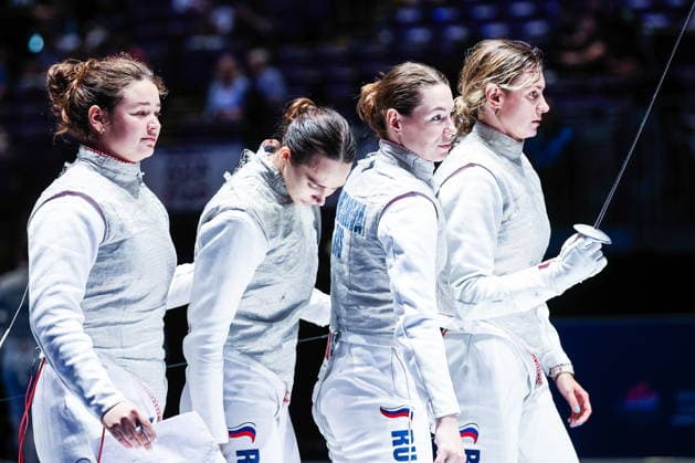 CHINA, HONG KONG - JULY 30, 2026: Athletes represent Russia in a women s team foil event during the 2026 Kerry Fencing World Championships. Mikhail Sinitsyn TASS  95619151