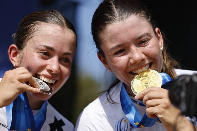 Sport Bilder des Tages 30.07.2026, Monteceneri, Monte Ceneri, 2026 UEC MTB European Championship, EM, Europameisterschaft XCC Women U23 s Final (cross country short track) Elina Benoit 6 (SUI) 2nd place and silver medal and Lea Huber 16 (SUI) 1st place, European Champion and gold medal Monteceneri Monte Ceneri Ticino Switzerland Copyright: xJustPictures.ch FrancescoxMinghettix jp-en-FrMi-_NG_1797