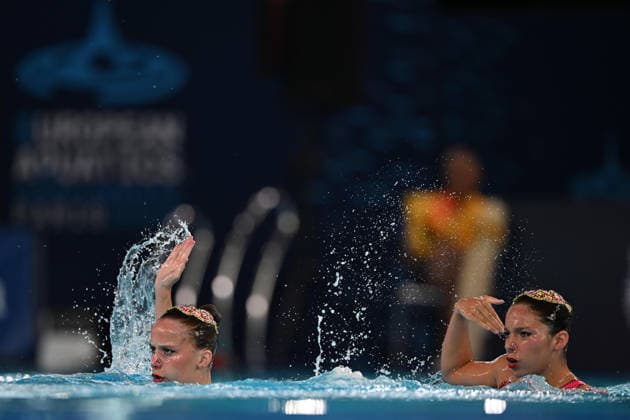 France, Paris, Centre Aquatique Olympique Metropole du Grand Paris, 31.07.2026, European Aquatics Championships Artistic Swimming - Day 1 - Duet Free Preliminary, Laelys Alavez and Romane Lunel of France Photo by Eibner Pressefoto Tino Henschel European Aquatics Championships Artistic Swimming - Day 1 - Duet Free Preliminary Paris Copyright: xEibnerxPressefotox