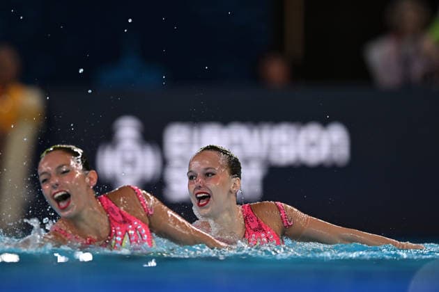 France, Paris, Centre Aquatique Olympique Metropole du Grand Paris, 31.07.2026, European Aquatics Championships Artistic Swimming - Day 1 - Duet Free Preliminary, Laelys Alavez and Romane Lunel of France Photo by Eibner Pressefoto Tino Henschel European Aquatics Championships Artistic Swimming - Day 1 - Duet Free Preliminary Paris Copyright: xEibnerxPressefotox