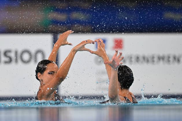 France, Paris, Centre Aquatique Olympique Metropole du Grand Paris, 31.07.2026, European Aquatics Championships Artistic Swimming - Day 1 - Duet Free Preliminary, Raya Furnadzhieva and Lora Zheynova of Bulgaria Photo by Eibner Pressefoto Tino Henschel European Aquatics Championships Artistic Swimming - Day 1 - Duet Free Preliminary Paris Copyright: xEibnerxPressefotox