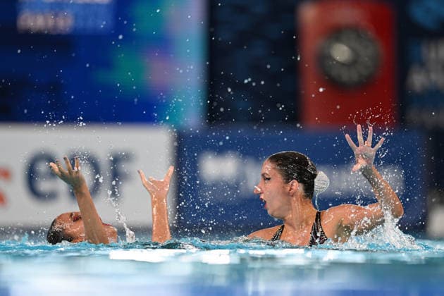 France, Paris, Centre Aquatique Olympique Metropole du Grand Paris, 31.07.2026, European Aquatics Championships Artistic Swimming - Day 1 - Duet Free Preliminary, Anna Maria Alexandri and Eirini Marina Alexandri of Greece Photo by Eibner Pressefoto Tino Henschel European Aquatics Championships Artistic Swimming - Day 1 - Duet Free Preliminary Paris Copyright: xEibnerxPressefotox