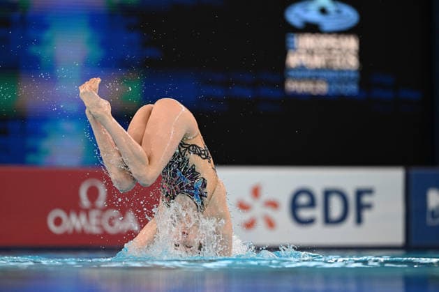 France, Paris, Centre Aquatique Olympique Metropole du Grand Paris, 31.07.2026, European Aquatics Championships Artistic Swimming - Day 1 - Duet Free Preliminary, Anastasiya Dabravolskaya and Aliaksandra Mironchyk of Neutral Athletes A (Belarus) Photo by Eibner Pressefoto Tino Henschel European Aquatics Championships Artistic Swimming - Day 1 - Duet Free Preliminary Paris Copyright: xEibnerxPressefotox