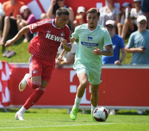 31.07.2026, xophax, Fussball 1.Bundesliga, 1.FC Koeln Trainingslager . Mannschaft des 1.FC Köln in Kitzbühel .Training in Sankt Johann. Freundschaftsspiel St.Johann in Tirol gegen Hertha BSC. 1.FC Köln - Hertha. Said El Mala ( 1.FC Köln ), links und Marten Winkler, rechts ( Hertha ( BSC ) Kitzbühel