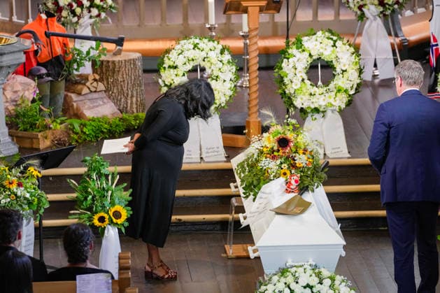 Funeral for rower Olaf Tufte, Horten, July 31, 2026. Minister of Culture and Equality Lubna Jaffery (Ap) delivers a eulogy during Olaf Karl Tufte’s funeral at Horten Church on Friday. Photo: Terje Bendiksby, NTB POOL, Horten, Norway. EDITORIAL USE ONLY. RESTRICTED USE FOR BETTING COMPANIES  Copyright: xTerjexBendiksbyx xNTBx