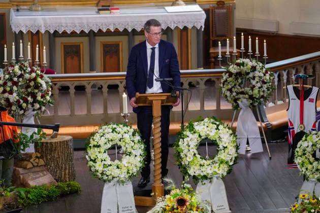 Funeral for rower Olaf Tufte, Horten, July 31, 2026. Top sports manager at Olympiatoppen, Tore Ovrebo, delivers a eulogy during Olaf Karl Tufte’s funeral at Horten Church on Friday. Photo: Terje Bendiksby, NTB POOL, Horten, Norway. EDITORIAL USE ONLY. RESTRICTED USE FOR BETTING COMPANIES  Copyright: xTerjexBendiksbyx xNTBx