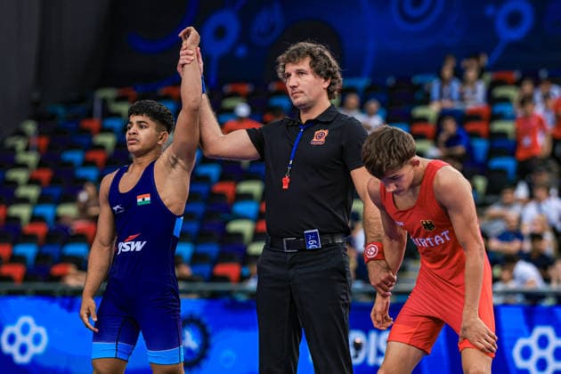 U17, U 17 Wrestling World Championships 55kg FS - Prathmesh Suryakant Patil (IND) df. Adrian Airich (GER) Copyright: xUnitedxWorldxWrestlingx xAmirrezx UWW-U17-WC-BAKU-2026