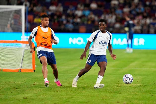 HONGKONG-SOCCER FOOTBALL-FEST Savinho(Left) and Divin Mubama of Manchester City during open training at Kai Tan Stadium during the Hong Kong Football Festival 2026 in Hong Kong, July 31, 2026. NEXPHER Vernon Yuen HONG KONG