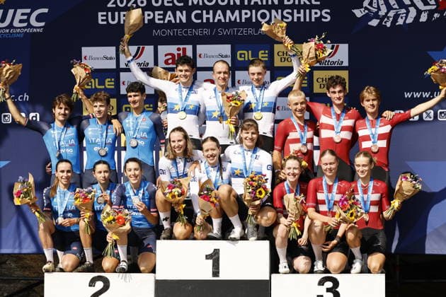 Sport Bilder des Tages 31.07.2026, Monteceneri, Monte Ceneri, 2026 UEC MTB European Championship, EM, Europameisterschaft XCR Team Relay s Final (cross country team relay), Italy 2nd place and silver medal, Switzerland 1st place, European Champion and gold medal and Denmark 3rd place and bronze medal Monteceneri Monte Ceneri Ticino Switzerland Copyright: xJustPictures.ch FrancescoxMinghettix jp-en-FrMi-_NG_1107