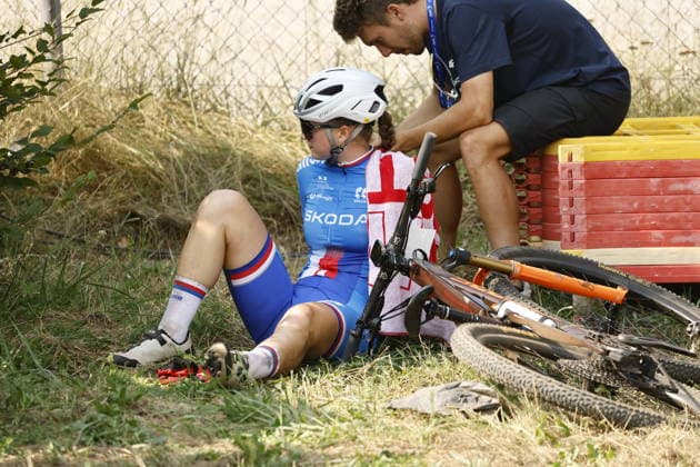 31.07.2026, Monteceneri, Monte Ceneri, 2026 UEC MTB European Championship, EM, Europameisterschaft XCR Team Relay s Final (cross country team relay) JustÃ½na Novotna 5D (CZE, Junior Women) exhausted after her lap Monteceneri Monte Ceneri Ticino Switzerland Copyright: xJustPictures.ch FrancescoxMinghettix jp-en-FrMi-_NG_0701