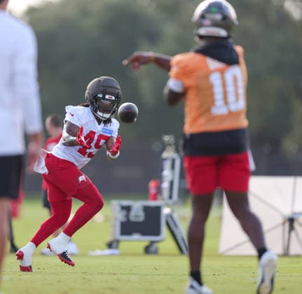 July 31, 2026: Tampa Bay Buccaneers running back Kadarius Calloway (49) catches a pass from quarterback Jalon Daniels (10) during training camp at AdventHeath Training Center in Tampa, FL. Taylor McFee CSM Tampa USA - ZUMAc04_ 20260731_zma_c04_068 Copyright: xTaylorxMcfeex