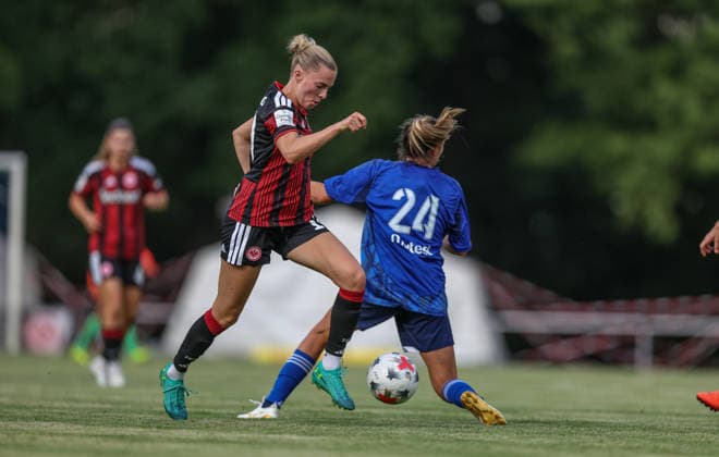 GER, Bad Nauheim, Eintracht Frankfurt vs Racing Strasbourg, Vorbereitung, Fussball, DFB, Spielzeit 2026 2027, Sportplatz Bad Nauheim, Testspiel im Bild: Laura Freigang (Eintracht Frankfurt Frauen 10) DFB DFL REGULATIONS PROHIBIT ANY USE OF PHOTOGRAPHS AS IMAGE SEQUENCES AND OR QUASI-VIDEO, 31.07.2026 Copyright: HMBxMedia HendrikxHamelau