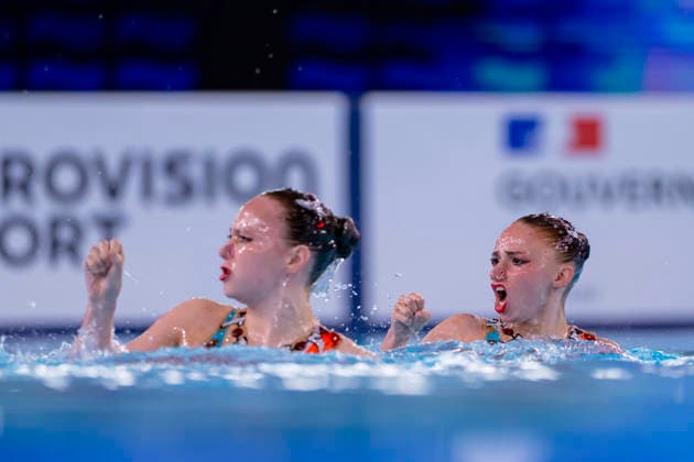 France, Paris, Centre Aquatique Olympique Metropole du Grand Paris, 31.07.2026, European Aquatics Junior Championships Swimming, Day 1, Mixed Team Event Final, Klara Bleyer and Maria Denisov of Germany Photo by Eibner Pressefoto Tino Henschel European Aquatics Junior Championships Swimming, Day 1, Mixed Team Event Final Paris Copyright: xEibnerxPressefotox