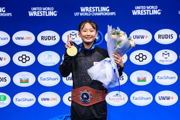 U17, U 17 Wrestling World Championships Podium 46kg WW - Gold: Kokona Makino (JPN) Copyright: xUnitedxWorldxWrestlingx xAmirrezx UWW-U17-WC-BAKU-2026