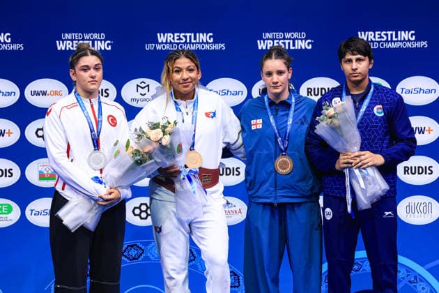 U17, U 17 Wrestling World Championships Podium 69kg WW - Gold: Taina Rose Fernandez (USA), Silver: Kiymet Rumeysa Tezcan (TUR), Bronze: Nino Samkharadze (GEO), Taniya Taniya (IND) Copyright: xUnitedxWorldxWrestlingx xAmirrezx UWW-U17-WC-BAKU-2026