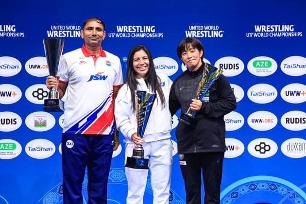 U17, U 17 Wrestling World Championships Podium Team WW - Gold: United States America, Silver: India, Bronze: Japan Copyright: xUnitedxWorldxWrestlingx xAmirrezx UWW-U17-WC-BAKU-2026