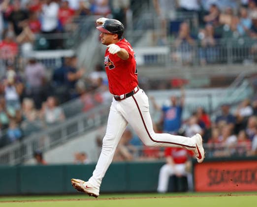 First baseman Matt Olson 28 of the Atlanta Braves gestures and runs around the bases after hitting a solo home run in the first inning against the Washington Nationals at Truist Park on Friday, July 31, 2026 in Atlanta, Georgia.  ATL20260731105 MikexZarrilli