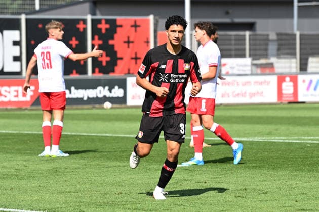 Ibrahim MAZA (LEV) erzielt das Tor zum 1-0, Jubel, jubeln, Freude, cheers, Fussball 1. Bundesliga, Testspiel, testmatch, friendly match, Freundschaftsspiel, Bayer Leverkusen (LEV) - Rot Weiss Essen am 01.08.2026 in Leverkusen Deutschland. DFL regulations prohibit any use of photographs as image sequences and or quasi-video Â