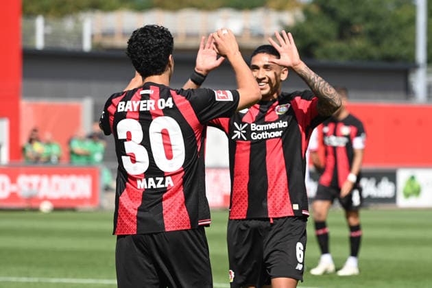 Ibrahim MAZA (LEV) Jubel, jubeln, Freude, cheers, nach seinem Tor zum 1-0 mit Ezequiel FERNANDEZ (LEV) Fussball 1. Bundesliga, Testspiel, testmatch, friendly match, Freundschaftsspiel, Bayer Leverkusen (LEV) - Rot Weiss Essen am 01.08.2026 in Leverkusen Deutschland. DFL regulations prohibit any use of photographs as image sequences and or quasi-video Â