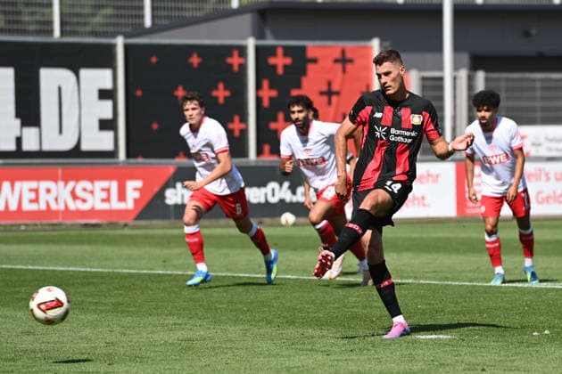 Patrik SCHICK (LEV) schiesst per Elfmeter das Tor zum 2-0, Fussball 1. Bundesliga, Testspiel, testmatch, friendly match, Freundschaftsspiel, Bayer Leverkusen (LEV) - Rot Weiss Essen am 01.08.2026 in Leverkusen Deutschland. DFL regulations prohibit any use of photographs as image sequences and or quasi-video Â