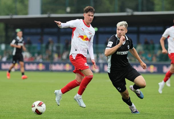RB Leipzig Ð Verl Testspiel Leipzig, 01.08.2026, Red Bull Campus, Fussball, Testspiel , RB Leipzig vs. SC Verl , Im Bild von links: Andrija Maksimovic (30, RB Leipzig), Paul Lehmann ( 14, Verl). , Nur zur redaktionellen Nutzung. Only editorial use. ,