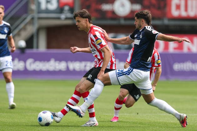 2026-08-01 Sparta Rotterdam v MSV Duisburg - Pre Season Friendly ROTTERDAM, NETHERLANDS - AUGUST 1: Nokkvi Thorisson of Sparta Rotterdam is challenged by Tobias Fleckstein of MSV Duisburg during the Pre Season Friendly match between Sparta Rotterdam and MSV Duisburg at Sparta-stadion Het Kasteel on August 1, 2026 in Rotterdam, Netherlands. Rotterdam Sparta-stadion Het Kasteel Netherlands Content not available for redistribution in The Netherlands directly or indirectly through any third parties. Copyright: xHansxvanxderxValkx