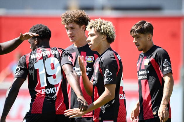 Montrell CULBREATH (LEV) Jubel, jubeln, Freude, cheers, nach seinem Tor zum 3-0, links Ernest POKU (LEV) Fussball 1. Bundesliga, Testspiel, testmatch, friendly match, Freundschaftsspiel, Bayer Leverkusen (LEV) - Rot Weiss Essen 3-0, am 01.08.2026 in Leverkusen Deutschland. DFL regulations prohibit any use of photographs as image sequences and or quasi-video Â