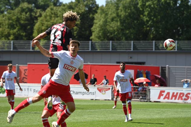 Montrell CULBREATH (LEV) erzielt daa Tor zum 3-0 per Kopfball, Fussball 1. Bundesliga, Testspiel, testmatch, friendly match, Freundschaftsspiel, Bayer Leverkusen (LEV) - Rot Weiss Essen 3-0, am 01.08.2026 in Leverkusen Deutschland. DFL regulations prohibit any use of photographs as image sequences and or quasi-video Â