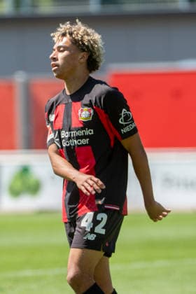 Testspiel Bayer 04 Leverkusen - Rot-Weiss Essen, am 01.08.2026, Ulrich-Haberland-Stadion, Leverkusen. Montrell Culbreath (Bayer 04 Leverkusen 42), ; Testspiel Bayer 04 Leverkusen - Rot-Weiss Essen, am 01.08.2026, Ulrich-Haberland-Stadion, Leverkusen. Copyright: xBEAUTIFULxSPORTS Erlhofx