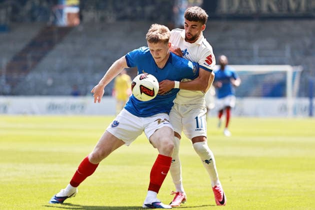 01.08.2026, xtvx, Fussball Testspiel, SV Darmstadt 98 - FC Portsmouth v.l. Zweikampf, Duell, duel, tackle, compete Ibrahim El Kadiri (SV Darmstadt 98) Terry Devlin (FC Portsmouth) (DFL DFB REGULATIONS PROHIBIT ANY USE OF PHOTOGRAPHS as IMAGE SEQUENCES and or QUASI-VIDEO) Darmstadt