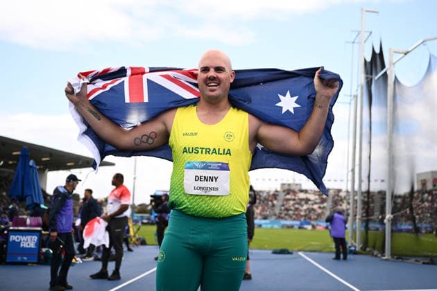 COM26 ATHLETICS, Matt Denny of Australia celebrates winning the Men s Discus Throw Final during the Glasgow 2026 Commonwealth Games at Scotstoun Stadium in Glasgow, Scotland, Saturday, August 1, 2026. ( NO ARCHIVING, EDITORIAL USE ONLY Glasgow United Kingdom  Copyright: xJOELxCARRETTx 20260801147984355712