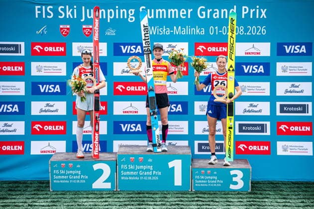 Wisla 01.08.2026 Ski jumping, Skispringen, Ski, nordisch FIS Summer Grand Prix 2026 on Adam Malysz Wisla Malinka Hill. Day 1. Women s indivudual competition. --- Skoki Narciarskie. FIS Letnie Grand Prix 2026 na Skoczni im. Adama Malysza w Wisle Malince. Dzien 1. Konkurs Indywidualny Kobiet Persons shown : podum radosc celebracja Silje Opseth Ema Klinec Josephine Pagnier Fot. Kai Taller Arena Akcji NEWSPIX.PL --- newspix.pl POLAND OUT! 