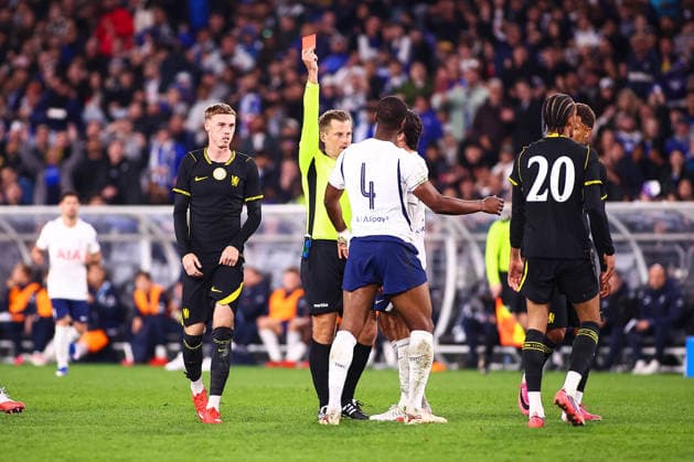 1st August 2026, Accor Stadium, Sydney, New South Wales, Australia; Friendly Football, Chelsea versus Tottenham Hotspur; Kevin Danso of Tottenham Hotspur receives a red card for foul on Joao Pedro of Chelsea FC KevinxManning