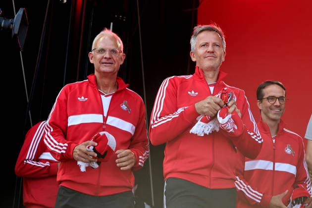 1. FC Köln, Saisoneröffnung auf den Vorwiesen, 01.08.2026, von links: Jörg Alvermann, Philipp Türoff, Philipp Liesenfeld (1. FC Köln), Bild: