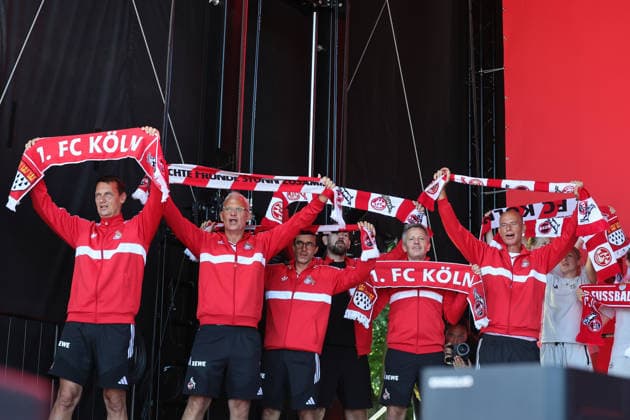 1. FC Köln, Saisoneröffnung auf den Vorwiesen, 01.08.2026, von links: Ulf Sobek, Jörg Alvermann, Philipp Liesenfeld, Thomas Kessler, Philipp Türoff, Jörn Stobbe (1. FC Köln), Bild: