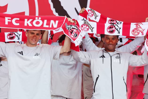 1. FC Köln, Saisoneröffnung auf den Vorwiesen, 01.08.2026, von links: Paul Okon-Engstler, Reigan Heskey (1. FC Köln), Bild: