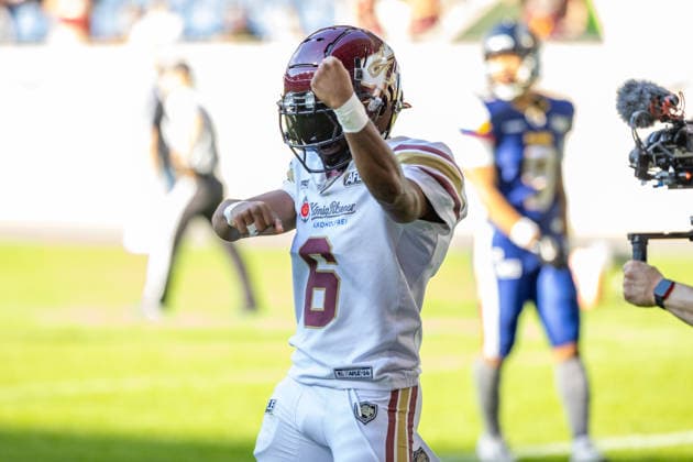 Touchdown celebration from 6 Kaylon Geiger (Wide Receiver) Rhein Fire Rhein Fire vs Alpine Rams, American Football, American Football League Europe, Week 11, 2026, 01.08.2026, Duisburg Schauinsland-Reisen-Arena Germany Copyright: xPFA ChristopherxMettkenx