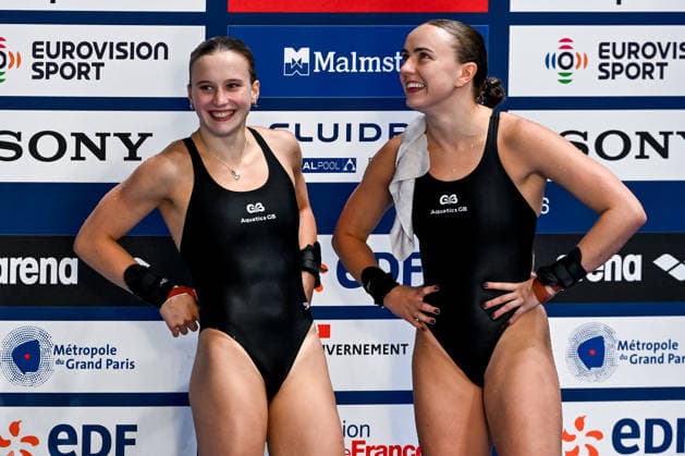 Maisie Bond, Lois Toulson of Great Britain compete in the diving 10m Platform Synchro Women Final during the European Aquatics Championships at the Olympic Aquatic Center in Paris (France), August 1, 2026. Andrea Masini Deepbluemedia Insidefoto