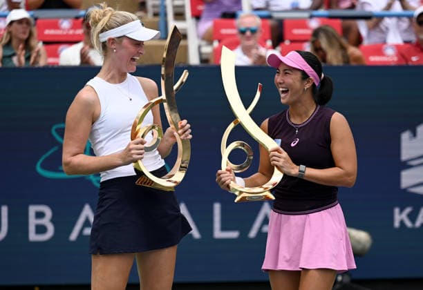 WASHINGTON, DC - AUGUST 01: Champions Aldila Sutjiadi of Indonesia and Erin Routliffe of New Zealand pose for a photo after the Women s Doubles Final match on day 6 of the Mubadala Citi DC Open 2026 at William H.G. FitzGerald Tennis Center on August 1, 2026 in Washington, DC.  Copyright: xChinaxNewsxServicex 111657682535