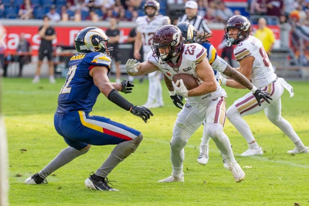 Sergej Kendus (Rhein Fire, 23), GER Rhein Fire vs. Alpine Rams, American Football, AFLE, Saison 2026, 01.08.2026 GER Rhein Fire vs. Alpine Rams, American Football, AFLE, Saison 2026, 01.08.2026 Duisburg Copyright: xEibner-Pressefoto FabianxFriesex EP_FFE