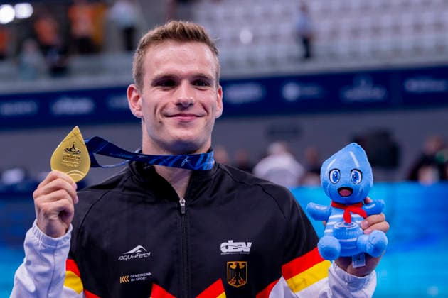 France, Paris, Centre Aquatique Olympique Metropole du Grand Paris, 01.08.2026, European Aquatics Championships Artistic Swimming, Day 1, Men™s 1m Springboard Final, Moritz Linus Wesemann of Germany winning Gold Medal, Photo by Eibner Pressefoto Tino Henschel European Aquatics Championships Artistic Swimming, Day 1, Men™s 1m Springboard Final Paris Copyright: xEibnerxPressefotox