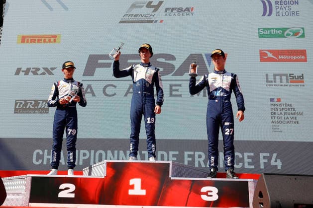 AUTO - CHAMPIONNAT DE FRANCE FFSA F4 2026 - MAGNY-COURS 19 BOUZAR Guillaume (FRA),Mygale M21-F4, 79 RAMAEKERS Thibaut (BEL),Mygale M21-F4, 27 DUSSOL Tom (FRA),Mygale M21-F4, podium during the 4th round of the Championnat de France FFSA F4 2026, from July 31 to August 2, 2026 on the Circuit de Nevers Magny-Cours, in Magny-Cours, France - Copyright: xGREGORYxLENORMANDx