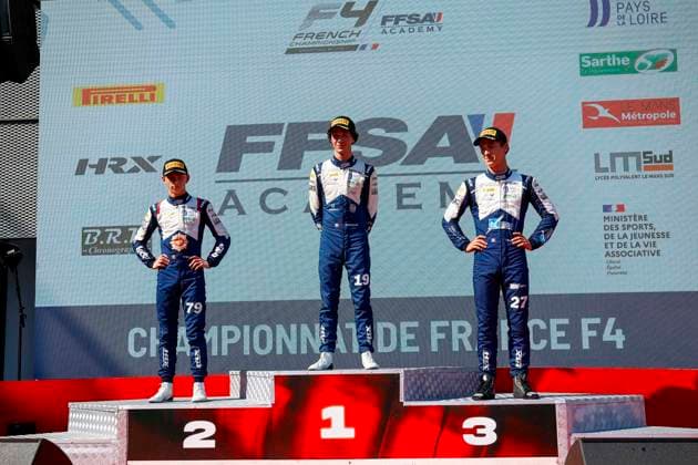 AUTO - CHAMPIONNAT DE FRANCE FFSA F4 2026 - MAGNY-COURS 19 BOUZAR Guillaume (FRA),Mygale M21-F4, 79 RAMAEKERS Thibaut (BEL),Mygale M21-F4, 27 DUSSOL Tom (FRA),Mygale M21-F4, podium during the 4th round of the Championnat de France FFSA F4 2026, from July 31 to August 2, 2026 on the Circuit de Nevers Magny-Cours, in Magny-Cours, France - Copyright: xGREGORYxLENORMANDx