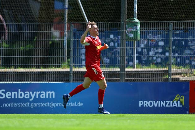 9 Lukas Krüger (FC Eintracht Norderstedt) bejubelt seinen Treffer zum 1:0. Fußball I Herren I Regionalliga Nord I Saison 2026-2027 I 1. Spieltag I FC Eintracht Norderstedt - SV Atlas Delmenhorst I 02.08.2026 I Edmund-Plambeck-Stadion